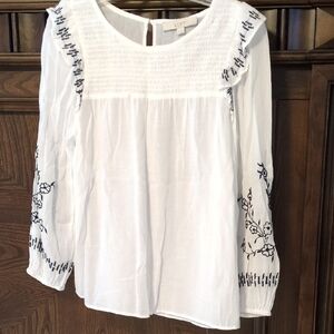 LOFT White Blouse with Navy Floral Embroidery